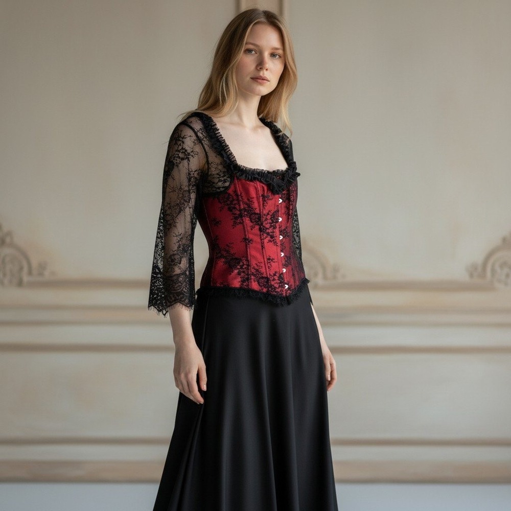 Gothic Corset Top Lace Bell Sleeve XL Red Black Vamp Coquette Romantic Victorian